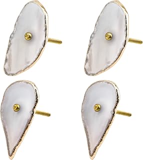 MOROBOR 4Pcs Agate knob for Cabinet Drawer, White Natural Slice with Gold Plating Edge Drawer Pull Handles for Dresser Cupboard Wardrobe Furniture Decorative Handles