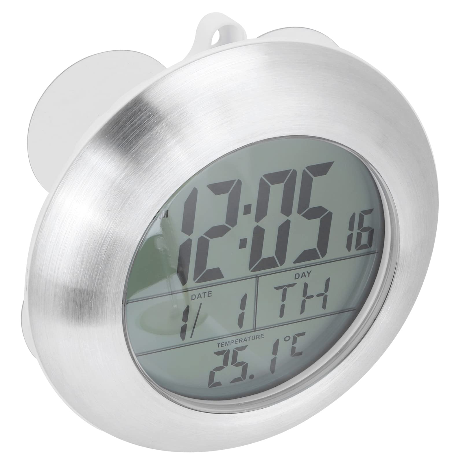 Generic Digital Bathroom Clock with Temperature Display, Suction Cup Holder, Silver, 6.8 x 6.8 inches