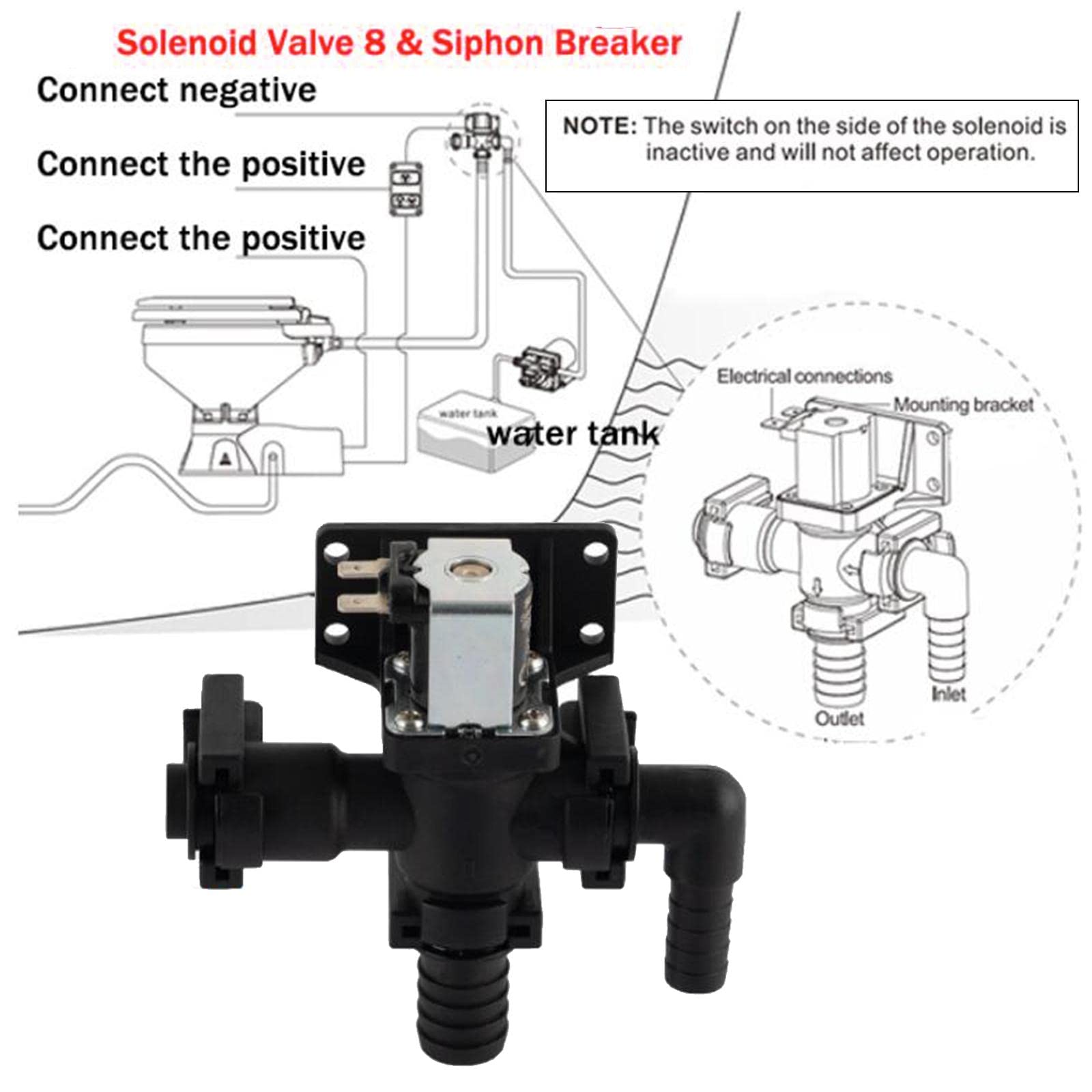 Solenoide Válvula Accesorio Rompe Sifón Instalación Sencilla Material PP para Control en Inodoro Marino RV Yate Barco Adecuado para Recambio, 24 V