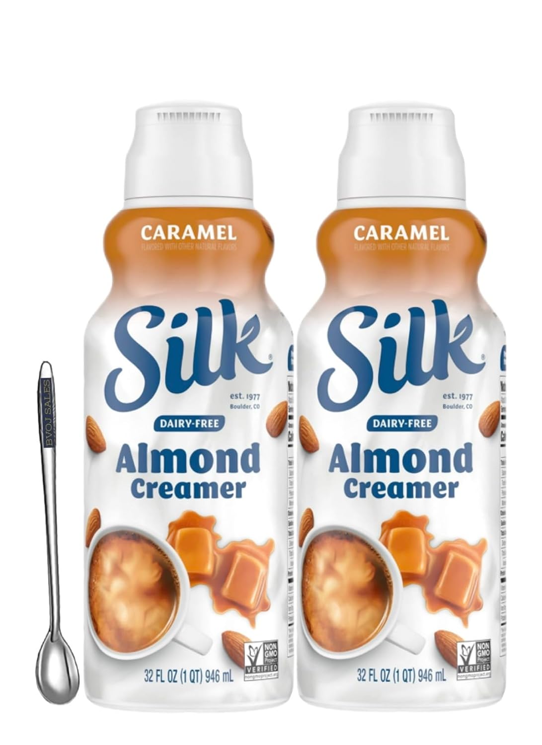 Silk Almond Coffee Creamer 2pk 32oz And One Stainless Steal Coffee Stirrer (Caramel)