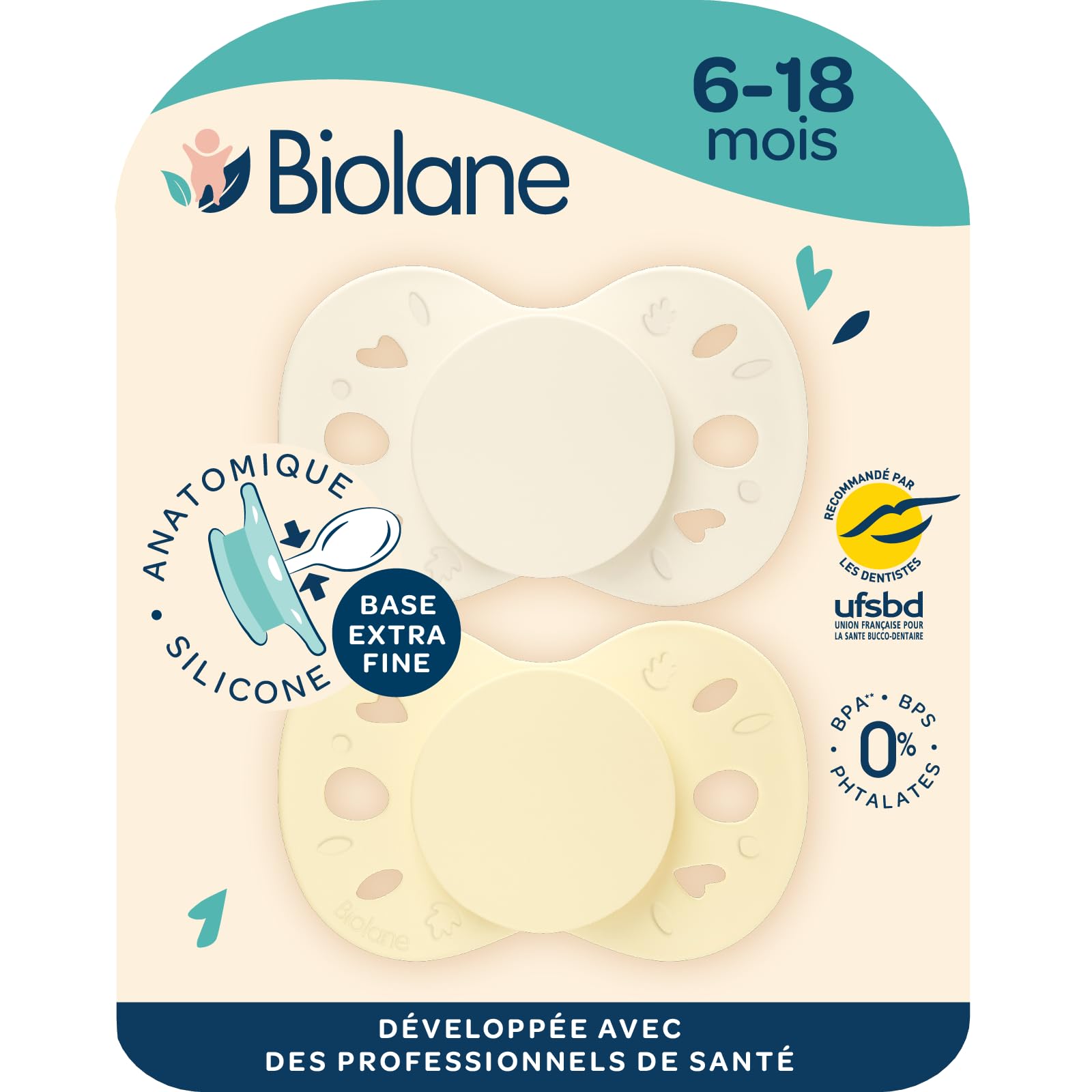 BIOLANE - Anatomical teats- Extra-fine Pacifiers- 6 to 18 Months- Yellow and Beige- Flat and Reversible Teat- Optimal Comfort- Respect for Oral Development- Renewable Materials