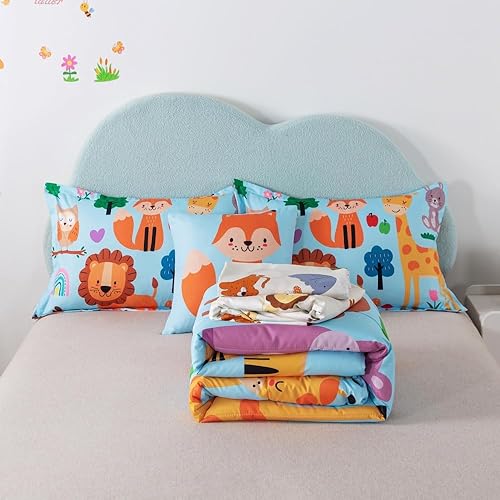 Miniatura 7 de lishjekee Juego de edredón de animales del zoológico tamaño individual para niños y niños, juego de ropa de cama de 6 piezas de animales de la selva
