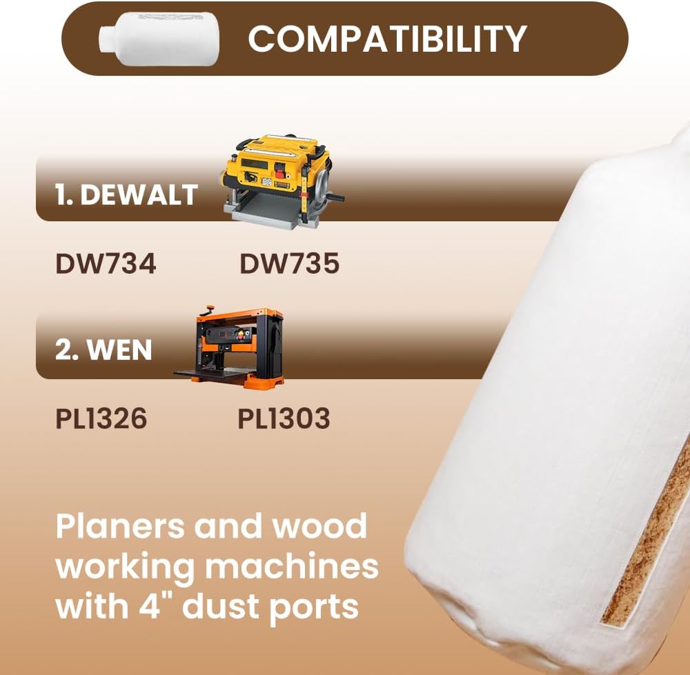 Dust Collection Bag Compatible with Dewalt Planer 70399 DW735 DW734, featuring 4" Port 30 Micron Dust Collector Filter & 4" Key Hose Clamp All 4" OD Woodworking Machines.