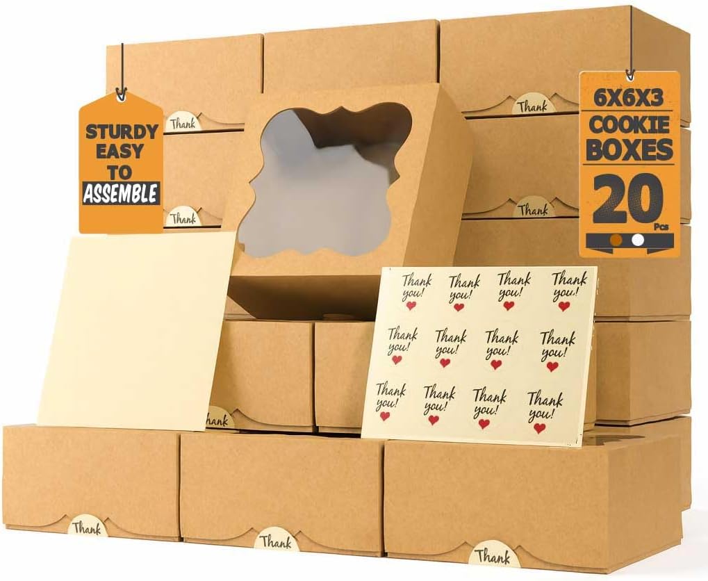 20 Pack Cookie Boxes for Gift Giving – 6X6X3 Inches Bakery Boxes with Window - Extra Thick Small Cookie Containers for Treats, Desserts, Strawberries, Cupcakes, Candy, Charcuterie, Baked Goods, Pastry