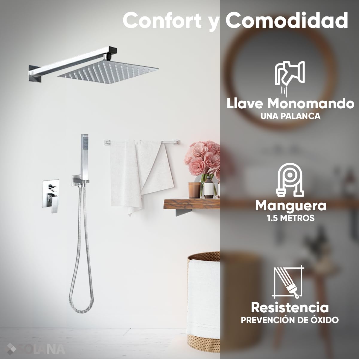 SOLANA Regadera De Baño Cuadrada Con Sistema Interno Modelo Zaire Marca  Solana Con Salida De Agua Superior Modo Lluvia Y Regadera De Mano Y Sistema  Monomando (SILVER) : Amazon.com.mx: Herramientas y Mejoras