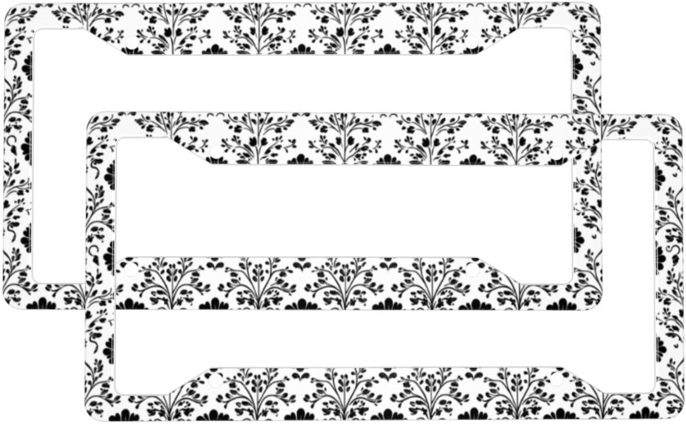 2 Pcs Car License Plate Frames for Women Men – Vintage Flower Black Print Aluminum Solid License Plate Cover for Car Accessories for Women Men with