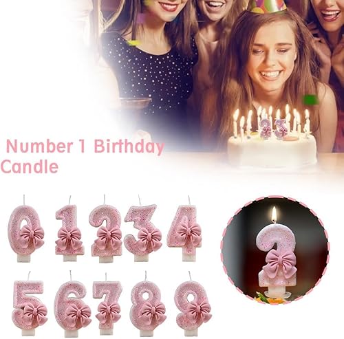 Miniatura 3 de Velas de cumpleaños número 0-9 con purpurina con lazo rosa 3D para decoración de pastel de fiesta de cumpleaños de niña, decoración de baby shower