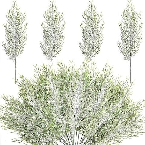 Alpurple 50 Pcs Christmas Snow Frosted Pine Branches- 13.5" Snowy Artificial Pine Needles Branches Twigs- Greenery Ceder Sprigs Pine Picks Stems for Christmas Wreath Home Garden Decoration Cover