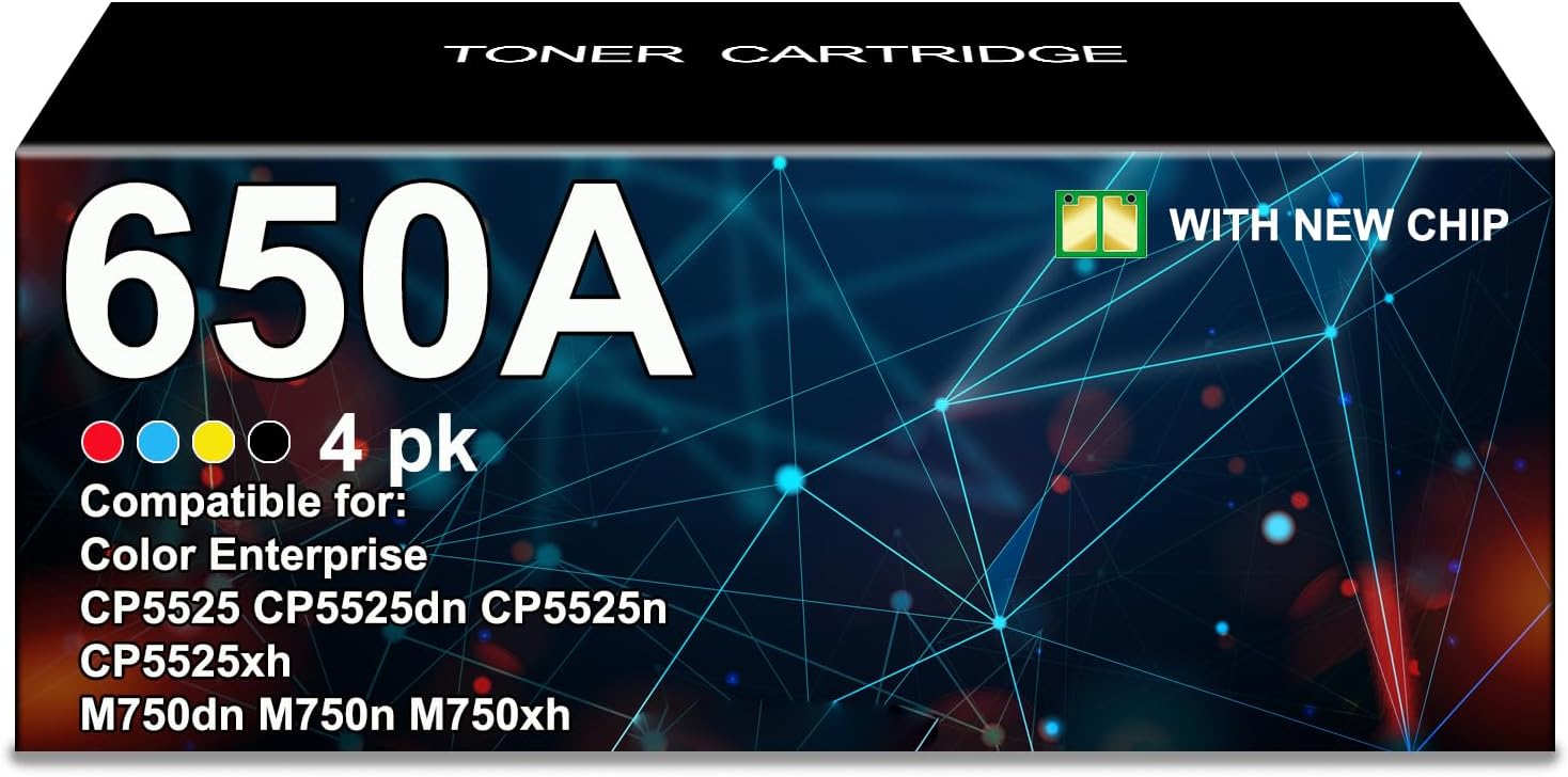 650A Toner Cartridges 4 Pack (with Chip) Compatible Replacement for 650A for Color Pro CP5525 CP5525dn CP5525n CP5525xh M750 M750dn M750n M750xh Printer CE270A CE271A CE272A CE273A High Yield