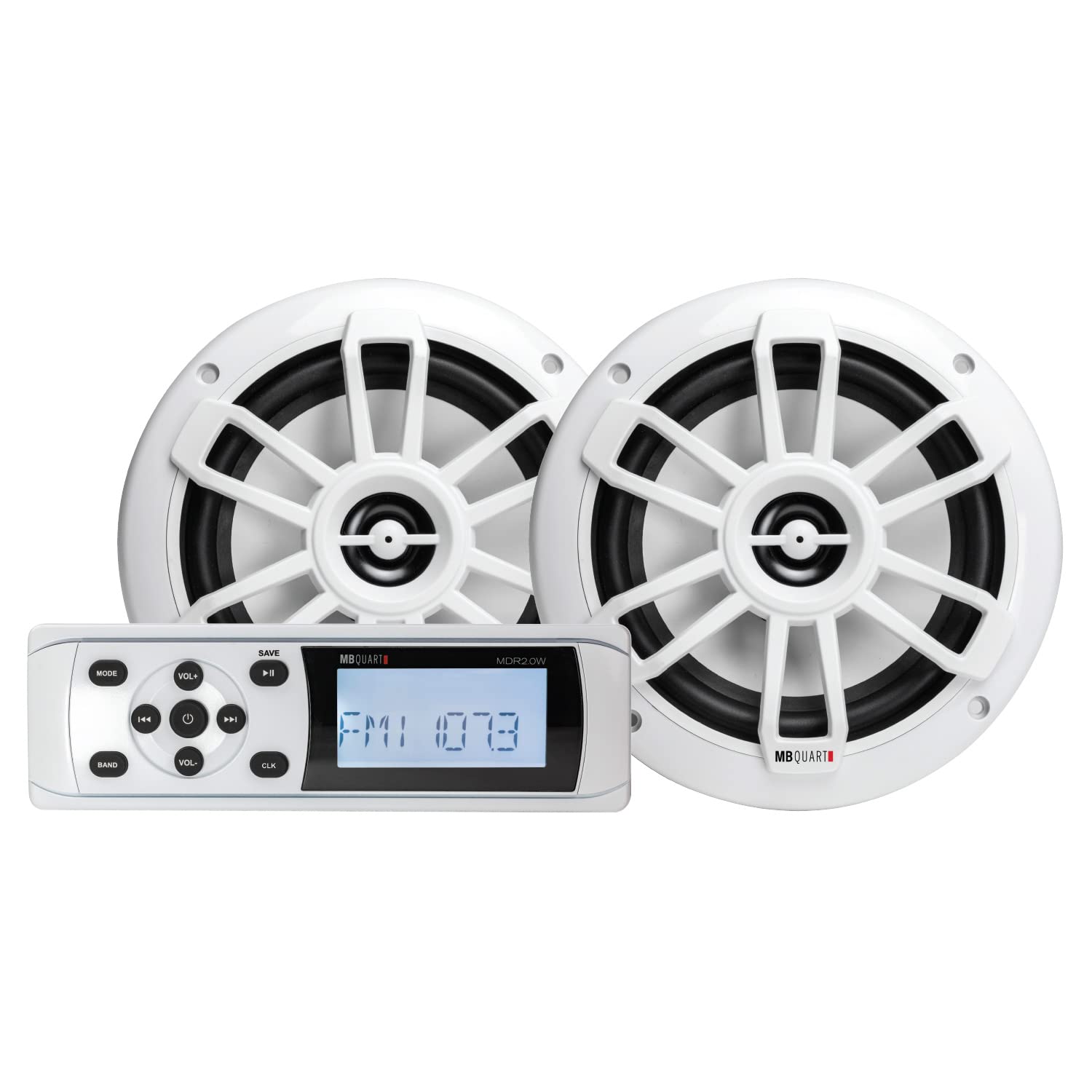 MB Quart Marine Boat Speakers with Bluetooth Source Unit (White) – 6.5 Inch, 160 Watt Each, Marine Grade Waterproof, LCD Display, Set of 2 Speakers