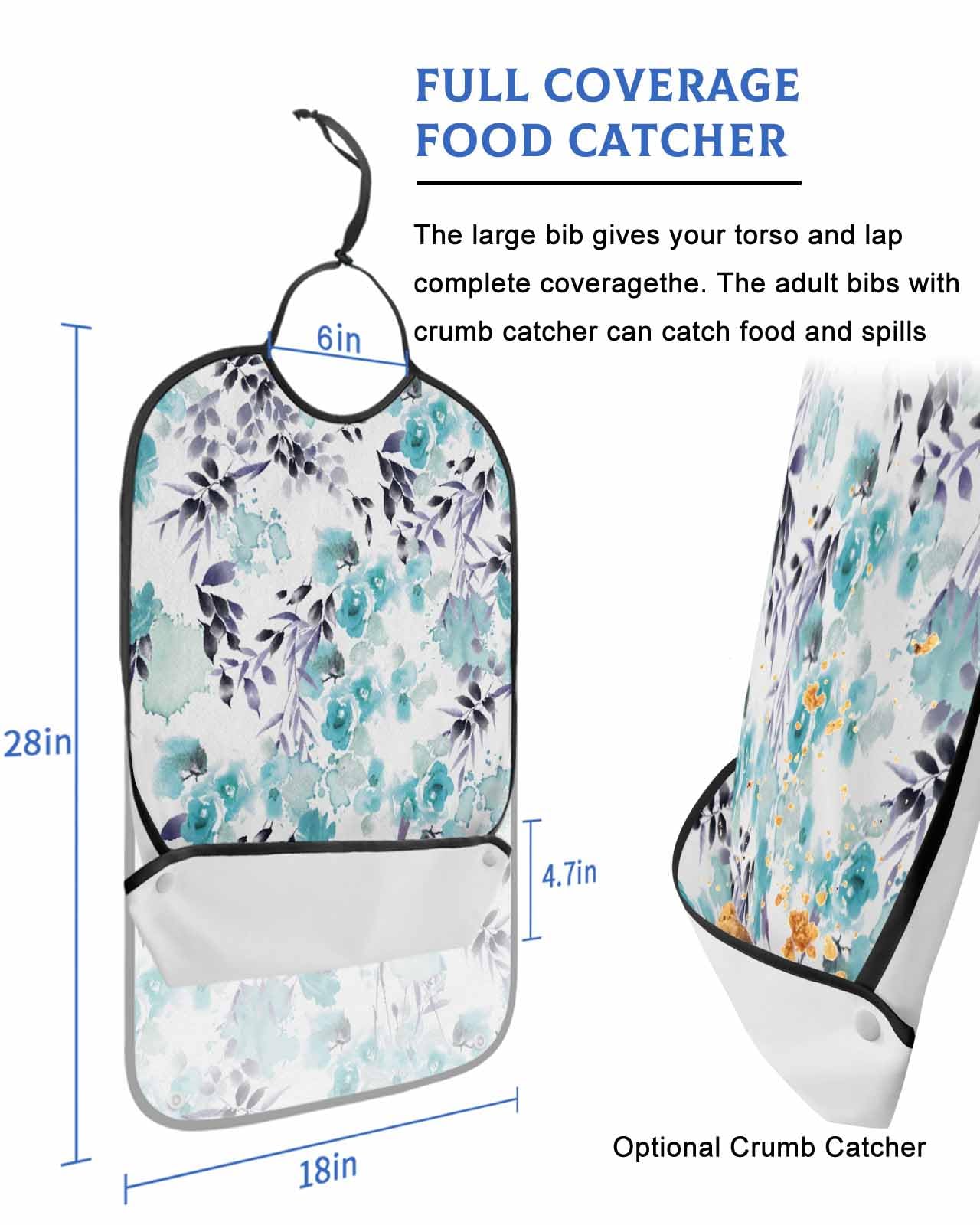 LEOKOTI Blue Botanical Adult Bibs for Eating, Waterproof Bibs with Food Catcher & Adjustable Snap Closure, Watercolor Spring Summer Floral Elegant Washable Clothing Protectors Adult Bibs for Elderly