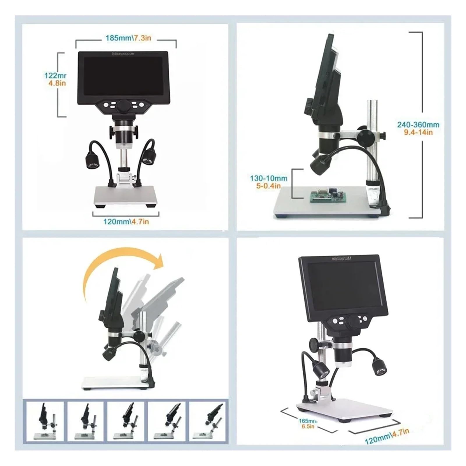 G1200 7-Inch Digital Microscope 1200x Continuous Zoom HD 12MP Industry Adjustable Stand Built-in Battery Magnifier(G1200)