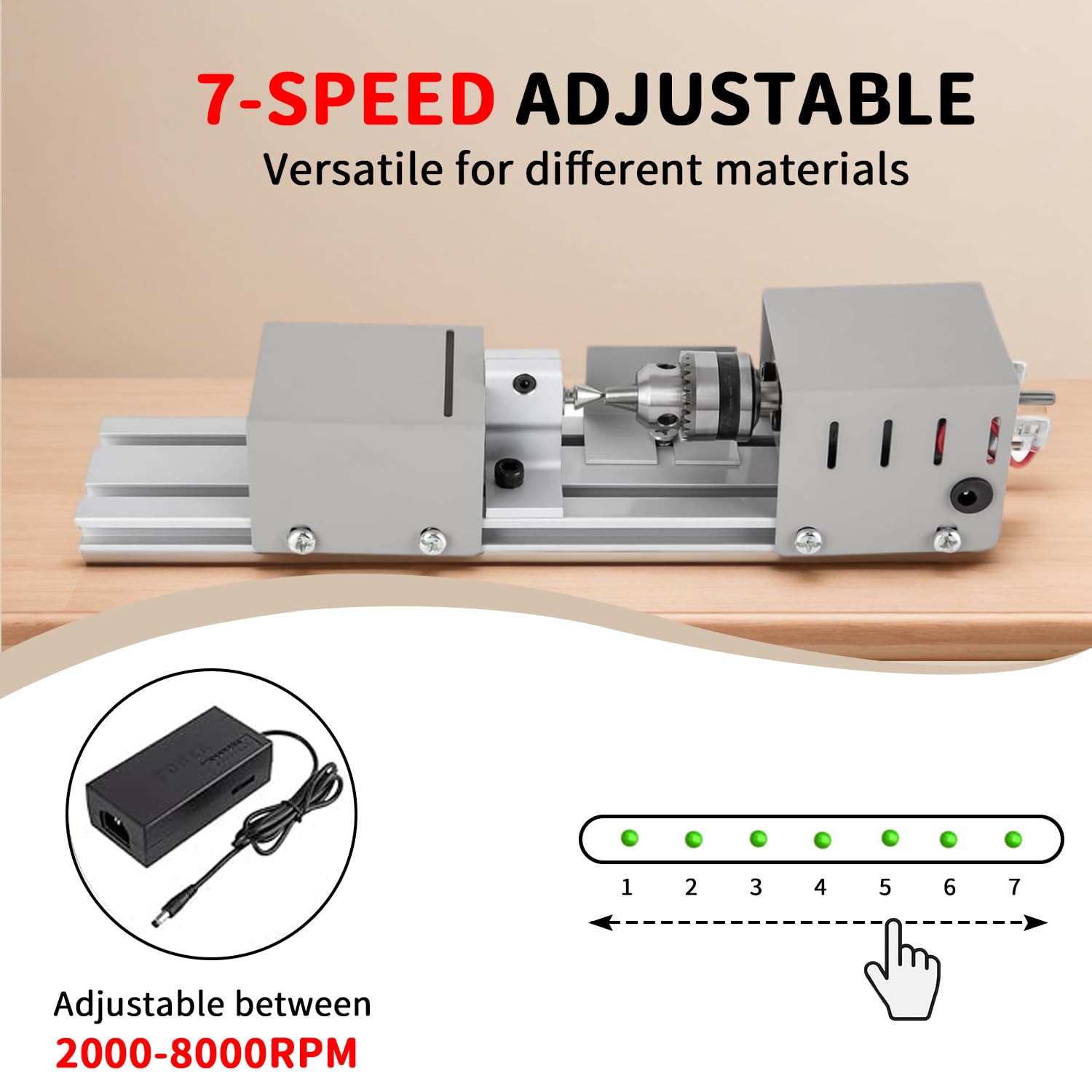 Mini Torno para Metal, Pequeño Torno de Metal con Ajuste de 7 Marchas, 2000–8000 RPM, Rango de Sujeción de 0.02–0.24 Pulgadas, Torno Madera Multifunción para Torneado, Ranurado y Rectificado