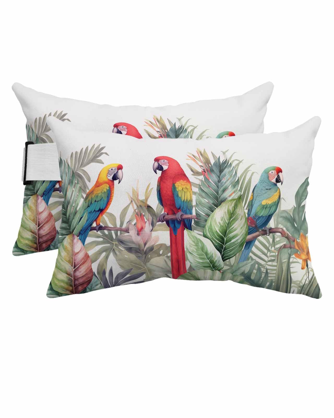 Outdoor Pillows Covers with Inserts Summer Tropical Palm Tree with Parrot White Texture Waterproof Pillow with Adjustable Strap Throw Pillows for Patio Furniture Pool Lounge Chair, 12x20 Inch, 2PCS