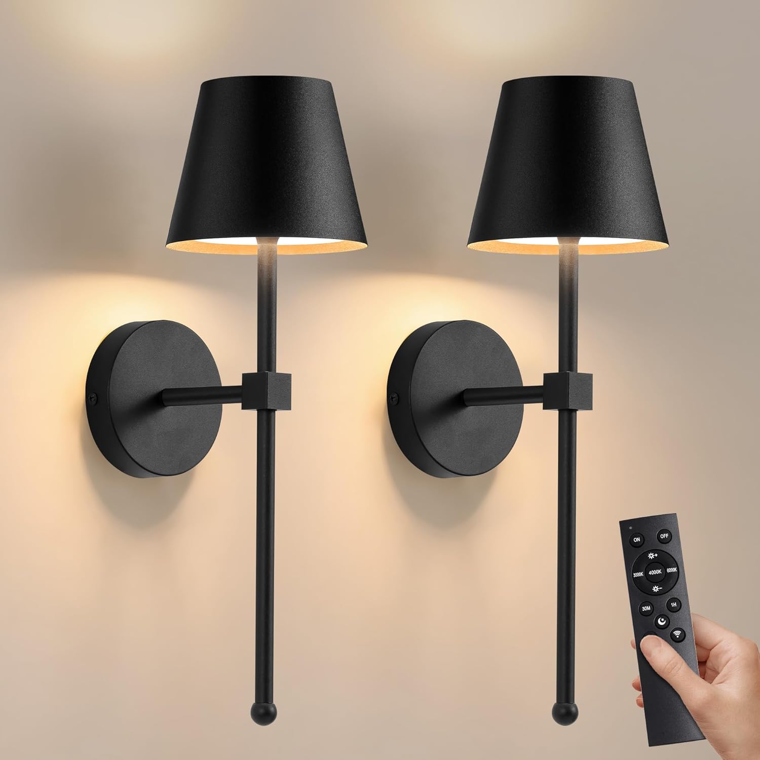 HELCEKOU Battery Operated Wireless Wall Sconces Set of 2, 5200mAh Rechargeable LED Small Lights,Dimmable Cordless Lamp for Painting,Living Room,Bedroom, Hallway,Gifts,Night Light (Gold)