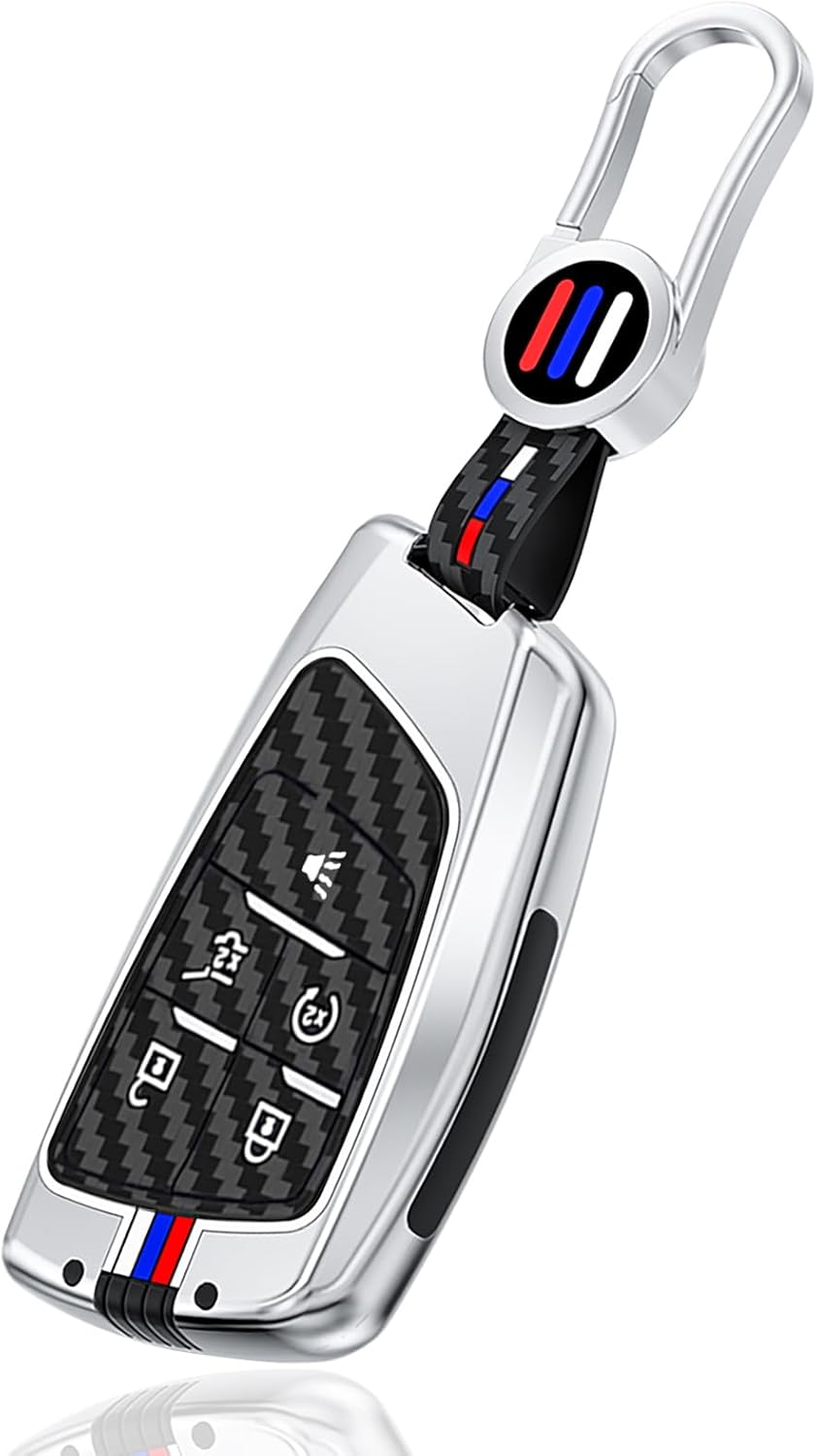 6 Button Heavy Metal Key Fob Cover, Compatible with 2021-2025 2026 GMC Yukon Denali Sierra, Fit for Chevy Silverado Suburban Tahoe Buick, with Carbon Fiber Pattern, Gunmetal (1 Pcs)