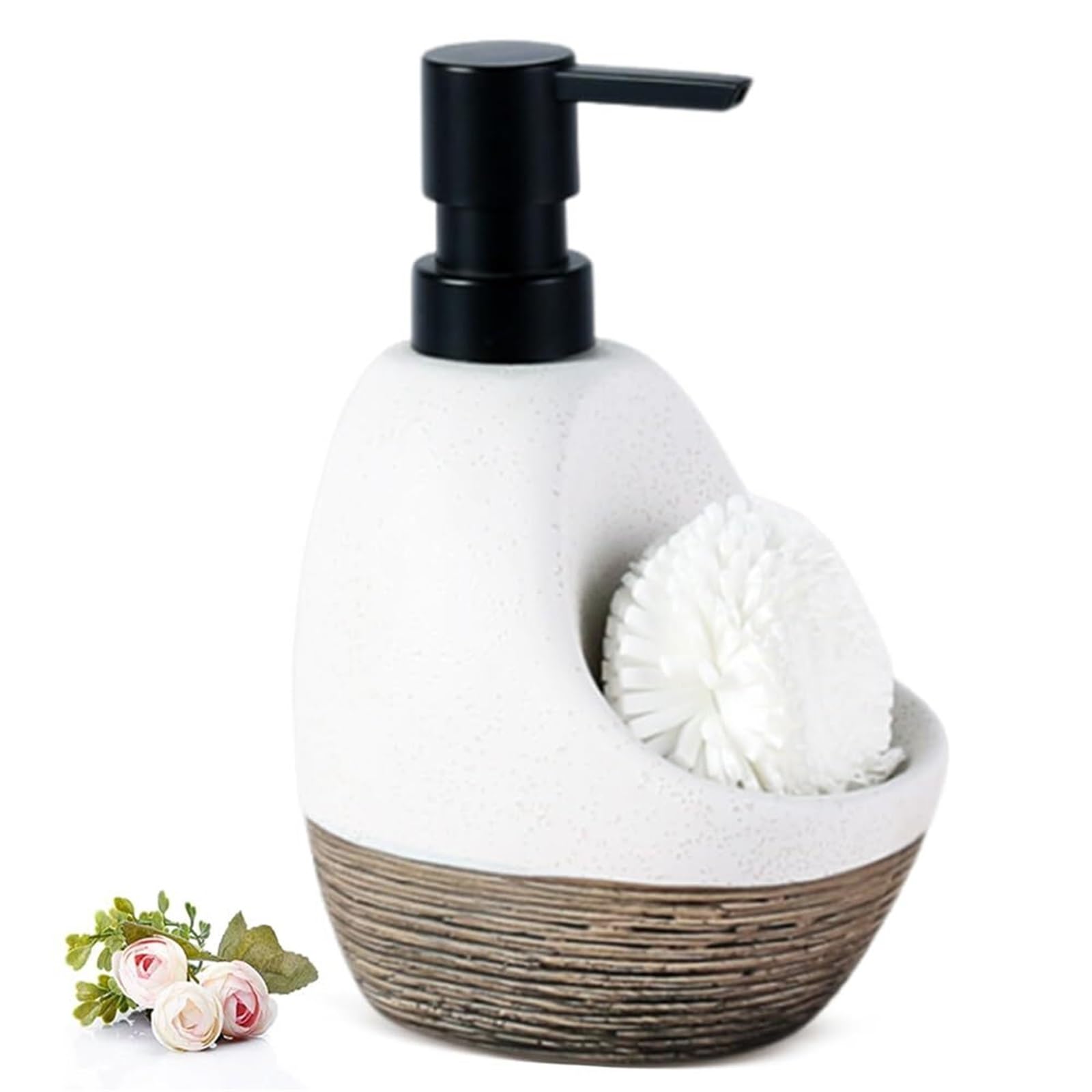 Qyleee White Hand Ceramic Soap Dispenser With Sponge Holder Dish And Spong 2In1 Countertop Sink Organizer Dish For Bathroom(White)