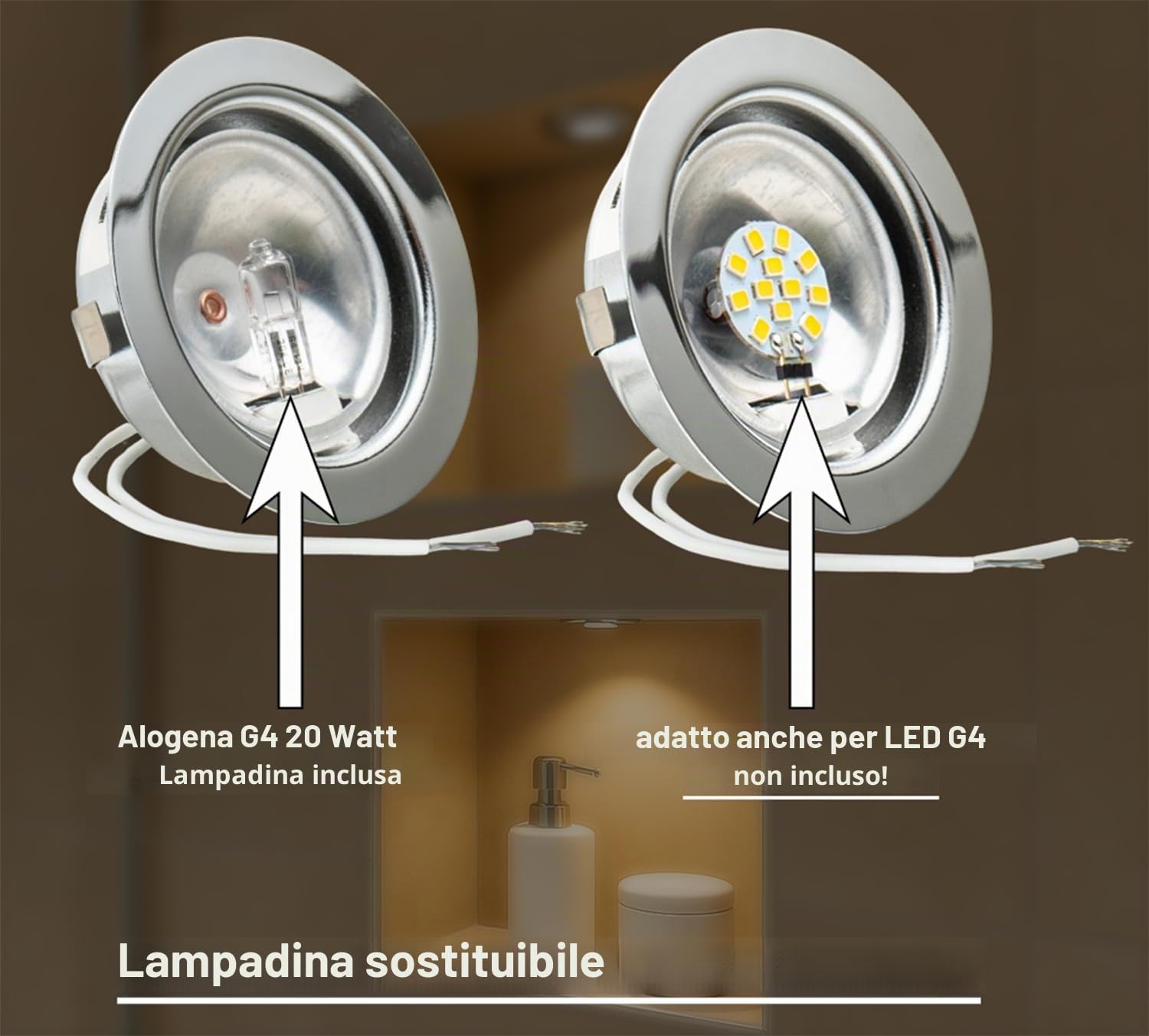 JungesLicht - Faretto da incasso alogeno 12V G4 20W, foro 55-60mm adatto, profondità 23mm, diametro esterno 73mm, (lampadina inclusa, adatto per LED), dimmerabile, lampada per mobili, lampada per