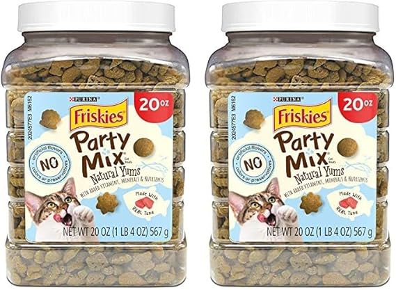 Friskies Purina Natural Cat Treats, Party Mix Natural YUMS with Wild Caught Tuna and Added Vitamins, Minerals and Nutrients - 20 oz. Canister (Pack of 2)