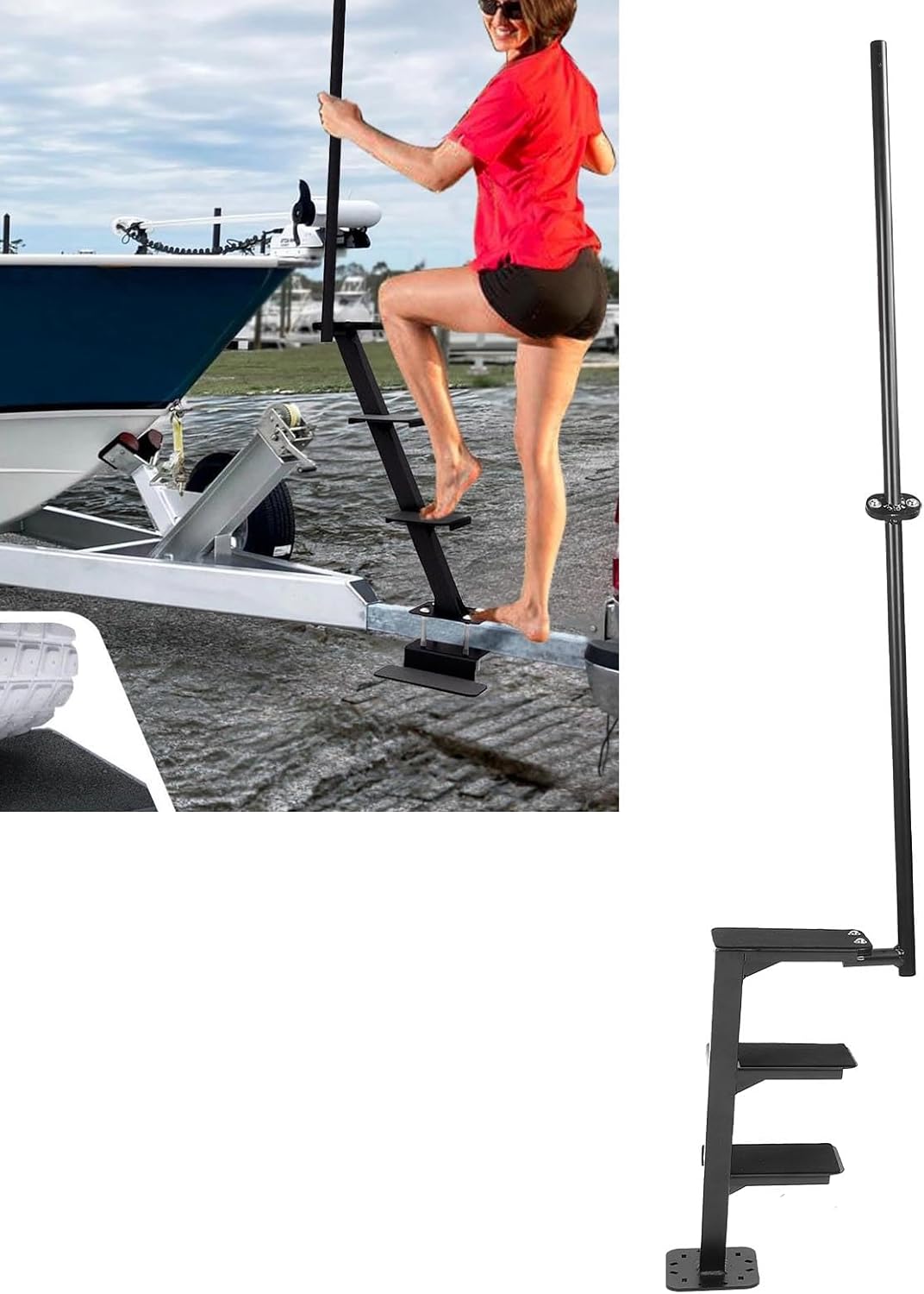Heavy Duty Boat Trailer Steps 3 Steps 500 lbs Capacity Boat Trailer Ladder with Non Slip Universal Fit Boarding Steps for Bass Boat Pontoon Boat Loading Gear