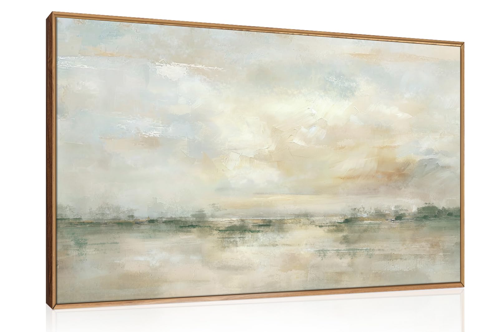 CHDITB Abstract Green Gray Pastel Framed Wall Art Neutral Landscape Decor,Modern Watercolor Lake Pictures for Wall Beige Textured Illustrations Canvas Art for Living Room Bedroom Office(59x39cm)