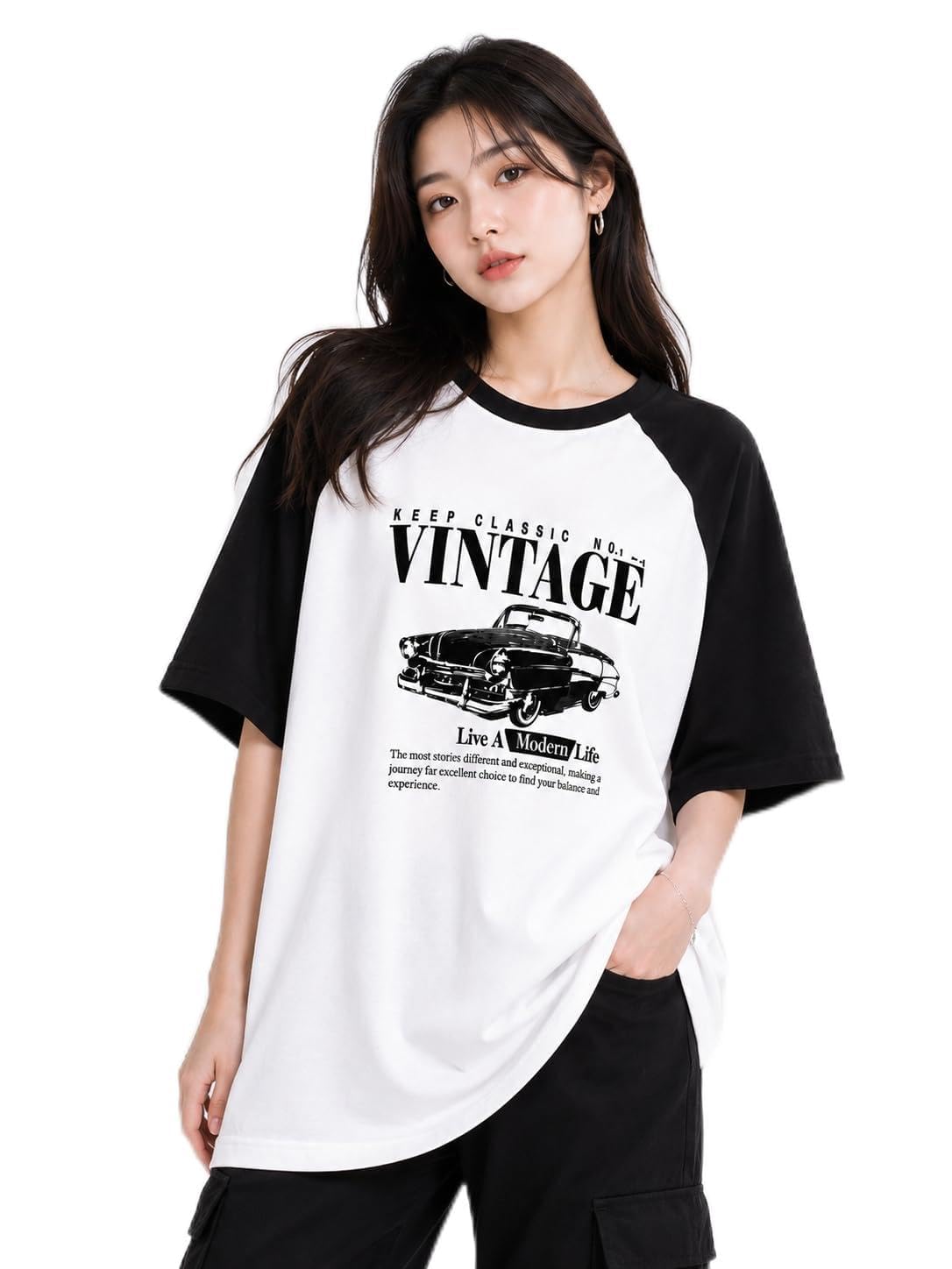 Women's Raglan Sleeve Oversized Graphic T-Shirt | Keep Classic Vintage Car Print Tee-image-9