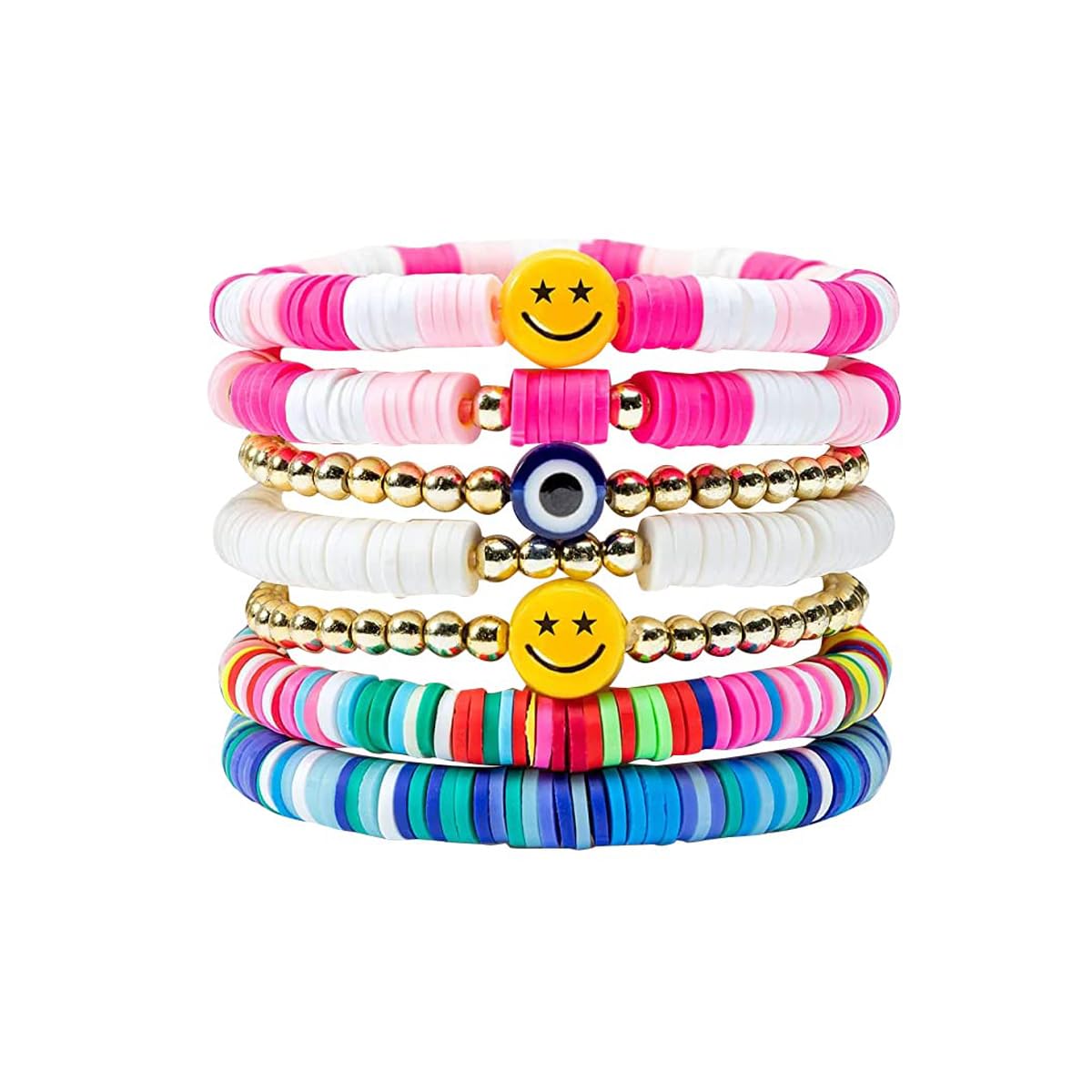 Venzina® 7 Pack Beads Bracelet for Girls, Colorful Happy Smile Boho Beaded Bracelets Set Y2K Summer Beach Clay Jewelry for Girls (B0CRHNCHTT) Amazon Price History, Amazon Price Tracker