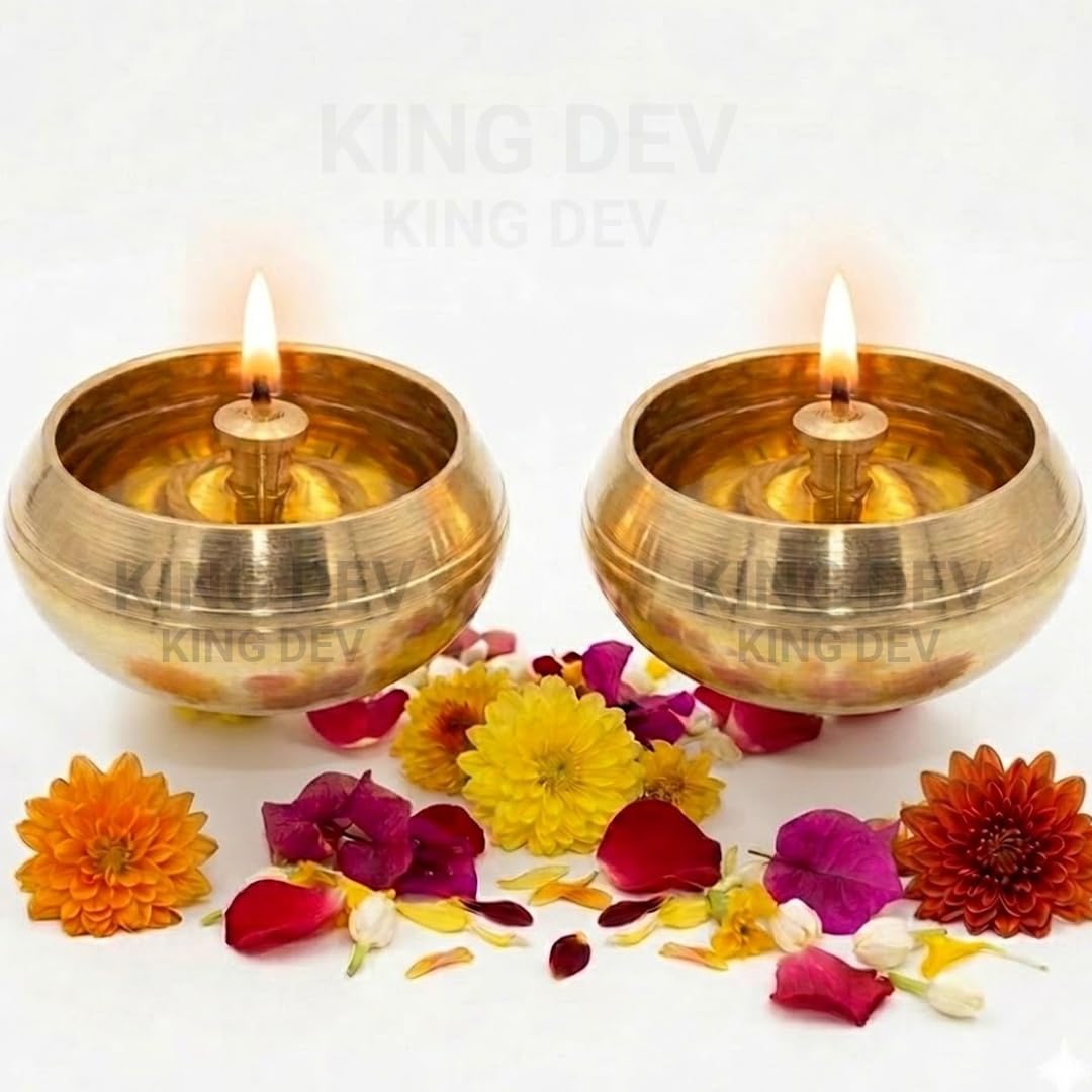 Premium Brass Diya| Handcrafted Brass Oil Lamp for Temple, Home & Festive Rituals | Lakshmi Kubera Deepam (Pack of 2)/Round Bowl Design Diyas-image-39