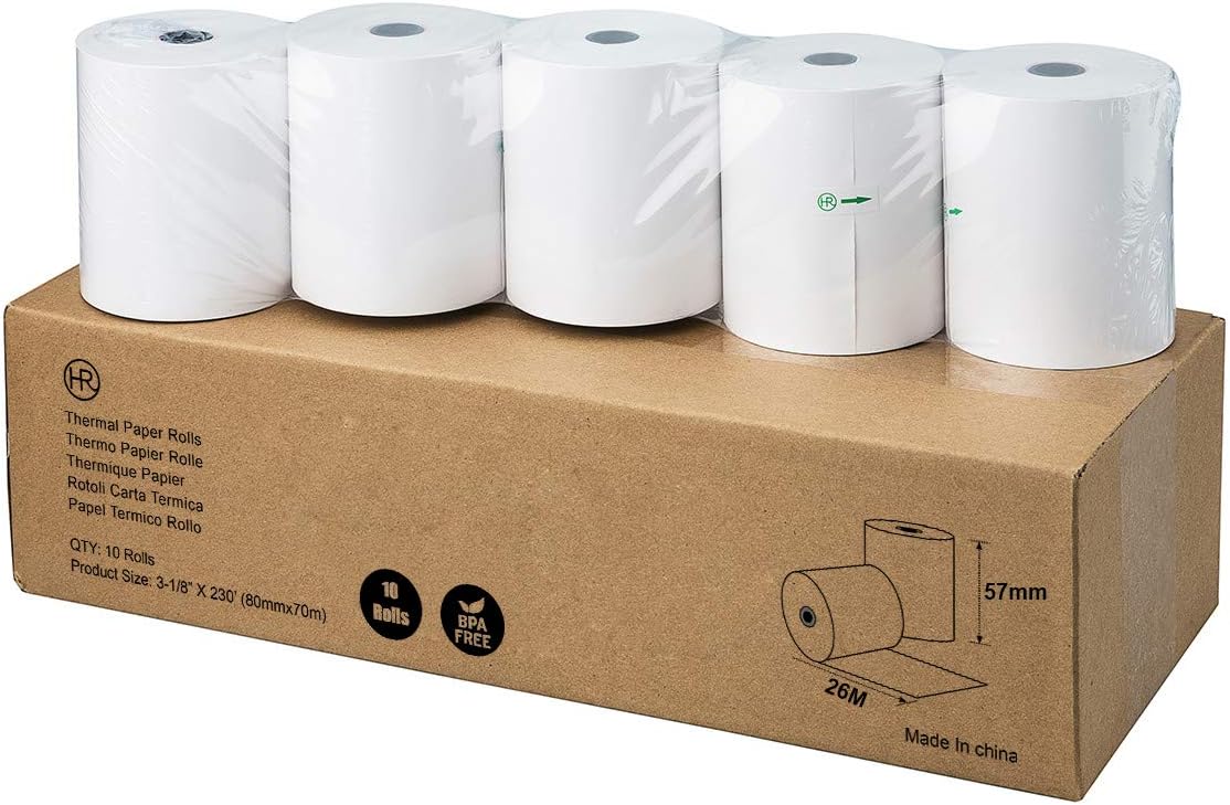 Thermal Rolls 80mmX70 mm Thermal Till Rolls 3 1/8" x 230' by Hapaper Brand (10 Rolls)