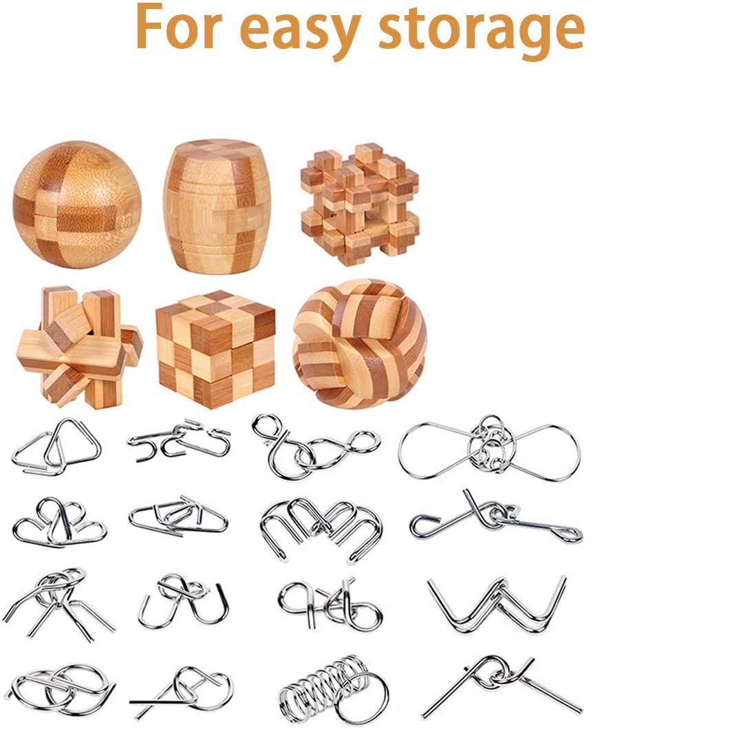 Casse-tête métallique Wire Set de 22, IQ Test Casse-tête Métal IQ Jigsaw Puzzle Jouet Éducatif pour Adultes et Enfants (Wooden&Metal Puzzles 22pcs)