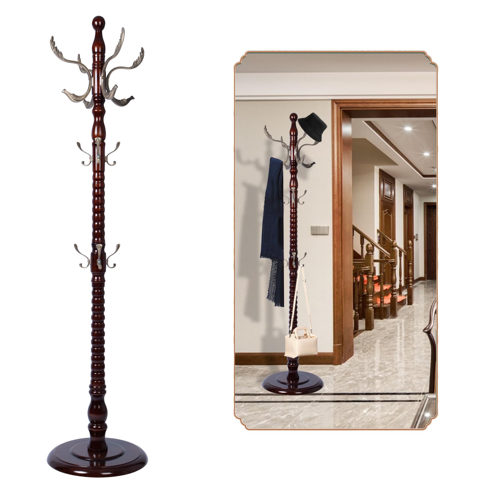 Coat Rack Freestanding, Wooden Tree Coat Rack Stand with 2 Adjustable Sizes Coat Tree and 14 Hooks, Sturdy Hall Tree with Solid Round Base for