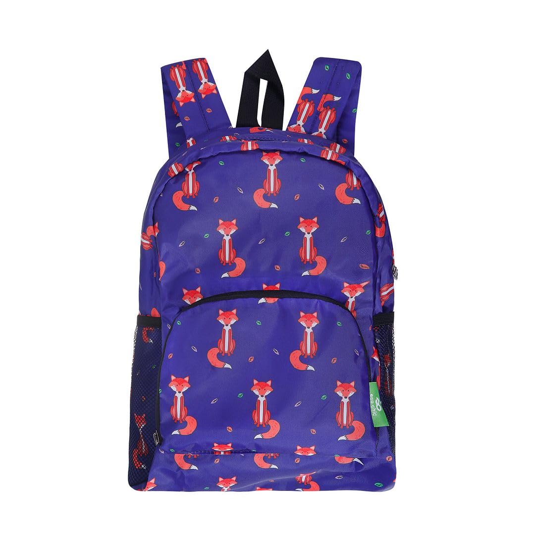 Eco Chic Lightweight Foldable Water Resistant Mini Backpack Folds Into Pouch for Storage (Foxes Navy)