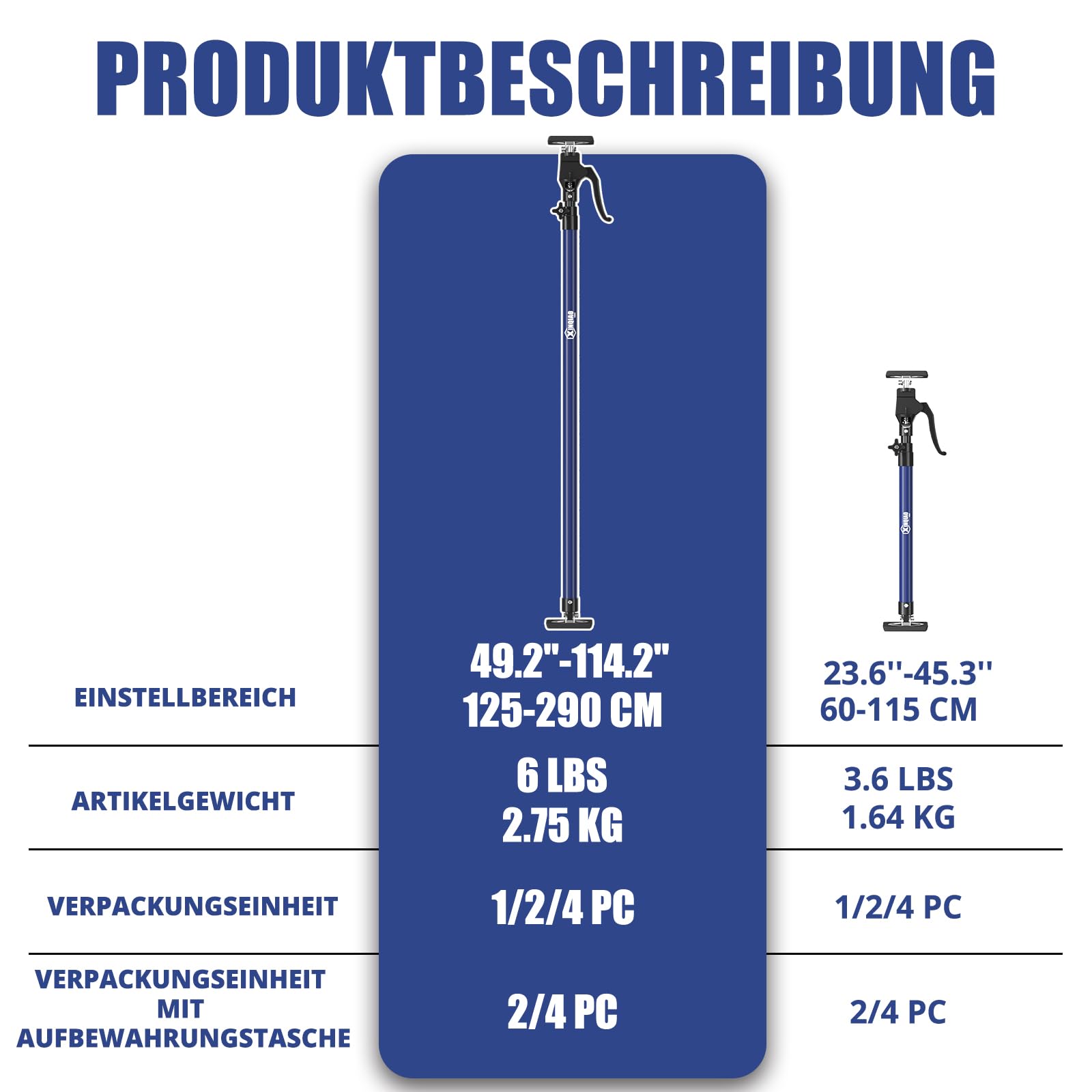 XINQIAO Stützstange, Stahl-Teleskop-Schnellstützstange, unterstützt bis zu 69,9 kg, Konstruktionswerkzeuge für Schrankheber, Lastenbaustangen und Trockenwände (Lange Stange, blau) 4PC