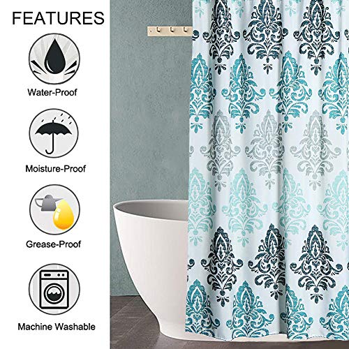 Yougai Shower Curtain For Bathroom With 12 Hooks, Polyester Fabric Machine Washable Waterproof Shower Curtains 72 X 72 Inch (Light Blue Damask) #TOP1