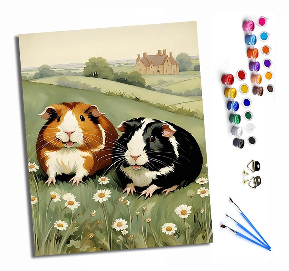 Hongpzh Paint By Numbers For Adults And Beginner Painting By Number Without Frame Oil Paintings On Canvas House Wall Decor 16X20in Two Guinea Pigs In The Flower Field
