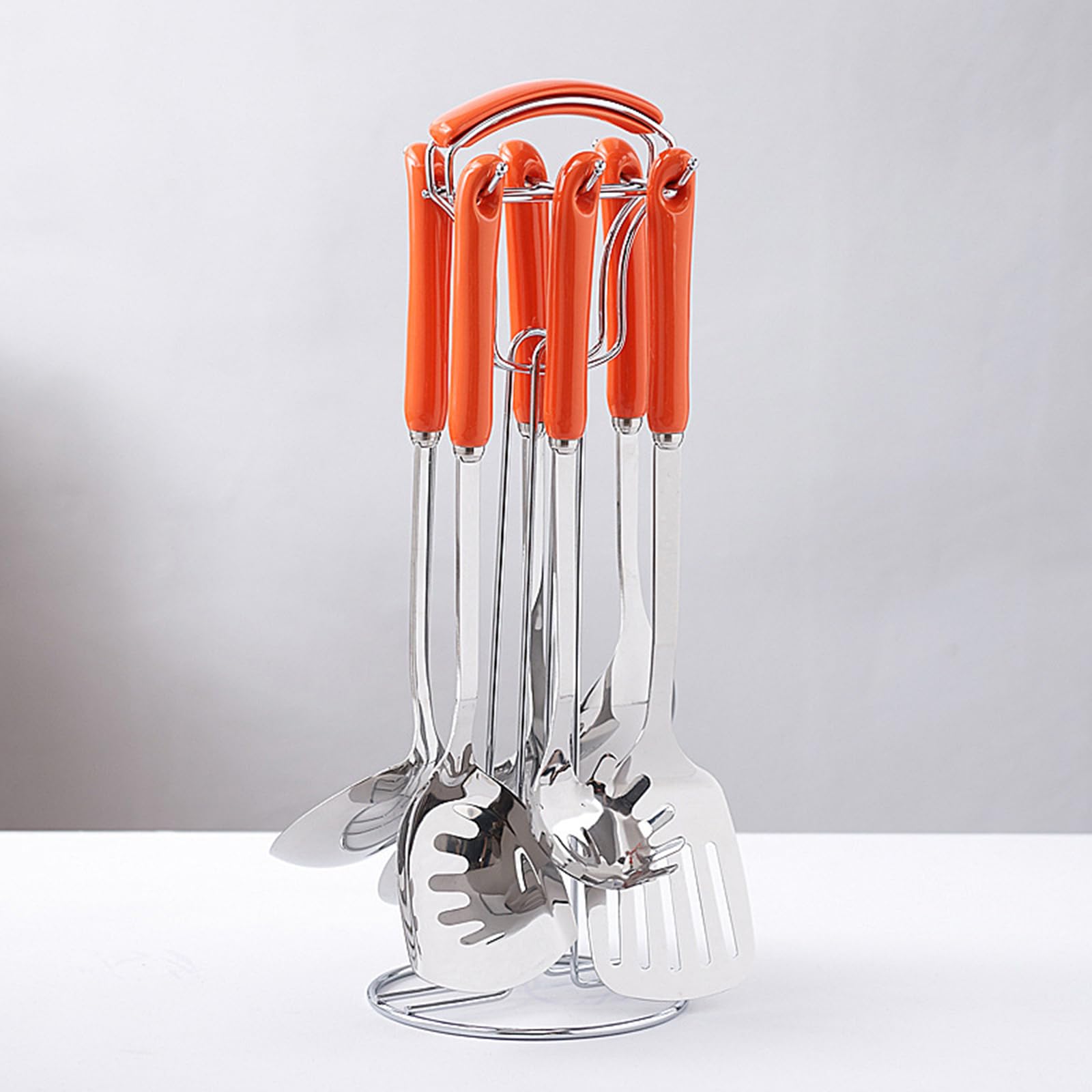 Juego De 7 Utensilios De Cocina De Metal, Juego De Utensilios De Cocina De Acero Inoxidable 304 Pulido Espejo con Soporte, Mango De Cerámica Resistente Al Calor, Apto para Lavavaji