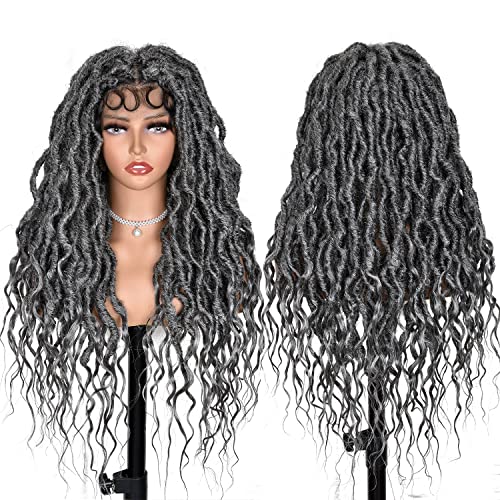 Annisoul Grey Faux Locs Wigs For Black Women Curly Goddess Faux Locs Crochet Hair Full Lace Braid Wig With Baby Hair Braided Wig Goddess Dreadlock Wig thumb #1
