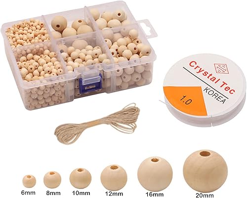 Miniatura 3 de Cuentas de madera, juego de 1105 cuentas de madera redondas naturales con cordel de yute de 32.8ft y 1 rollo de línea elástica de cristal para