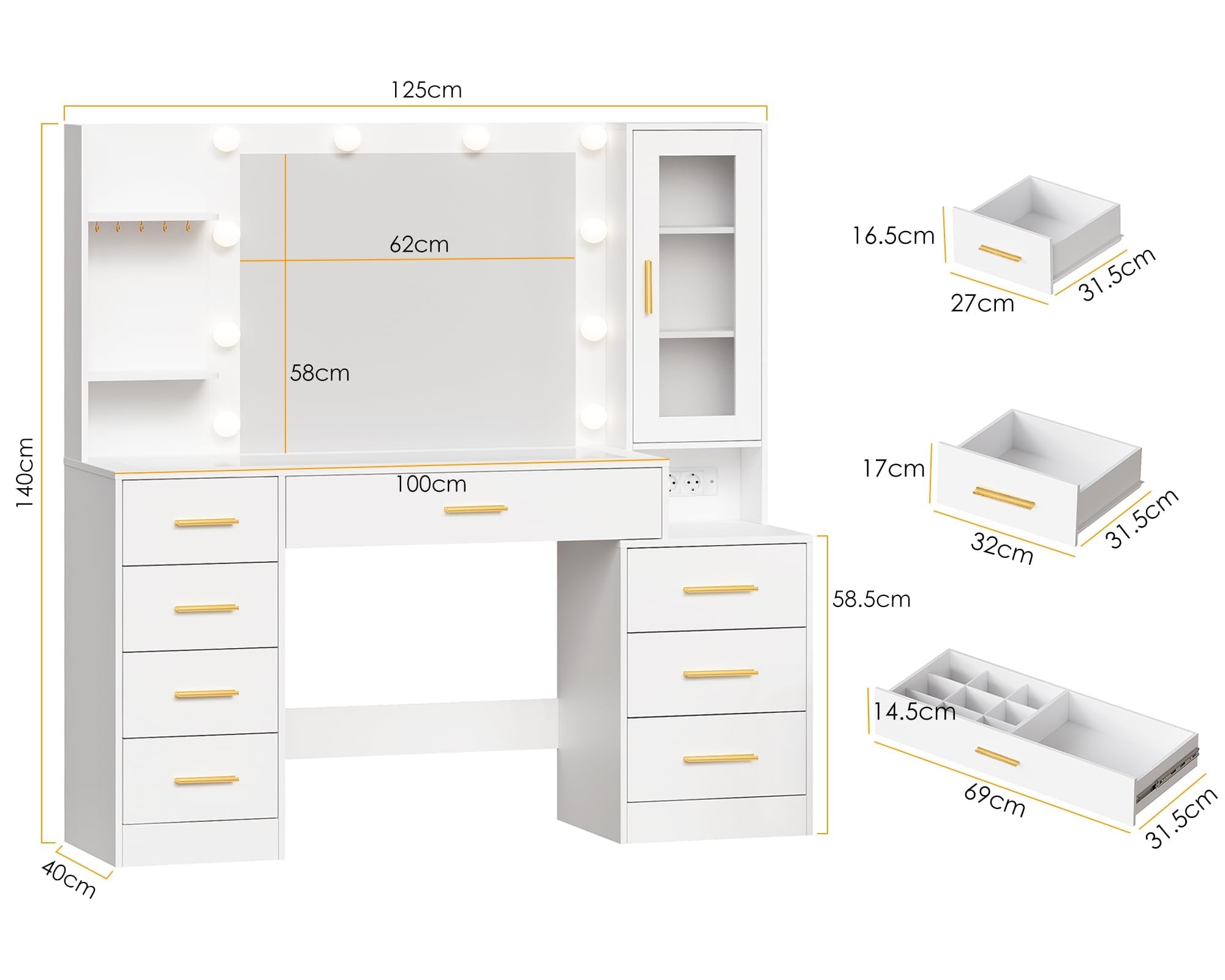 ANWBROAD Grande Coiffeuse avec Miroir et Prise, Éclairage LED Réglable,Table de Maquillage avec Plateau en Verre Coiffeuse Moderne avec 8 Tiroirs 3 Étagères 5 Crochets Blanc BDT88W