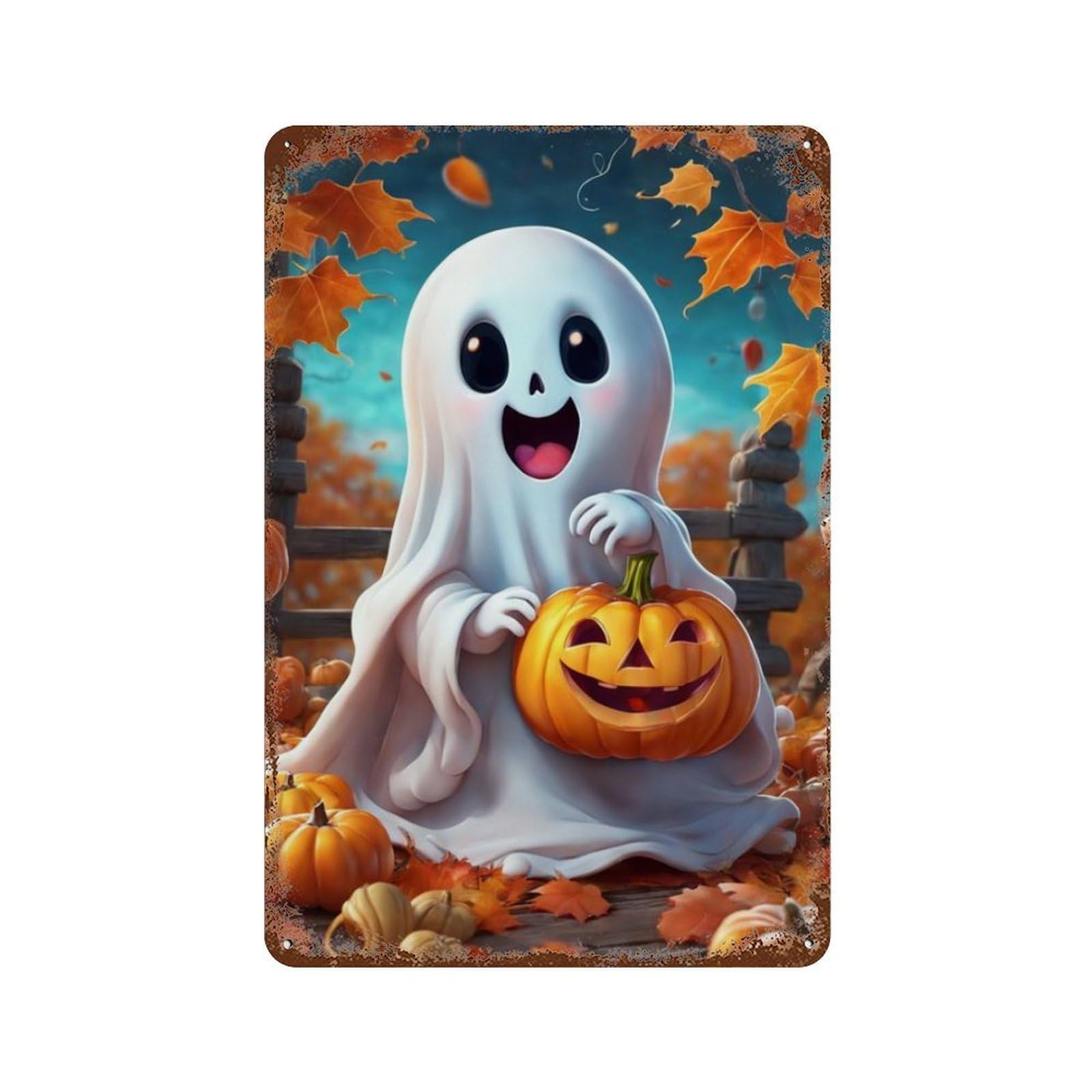 Rust Effect Halloween Ghost with Pumpkin Rustic Tin Plaque 11.8"x7.9", Classic Wall Plaque for Shed, Workshop And Garage Wall Decor