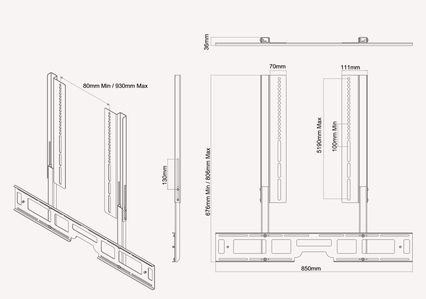 Technical drawing with dimensions of Flexson FLXPBTV1021 mount