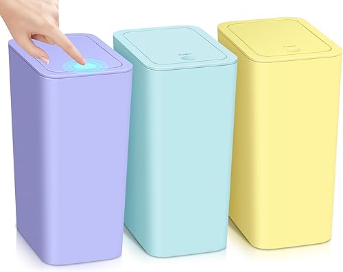 Miniatura 1 de Paquete de 3 cubos de basura pequeños para baño con tapa, papelera delgada de 10 litros2.6 galones con tapa desplegable para dormitorio, oficina,