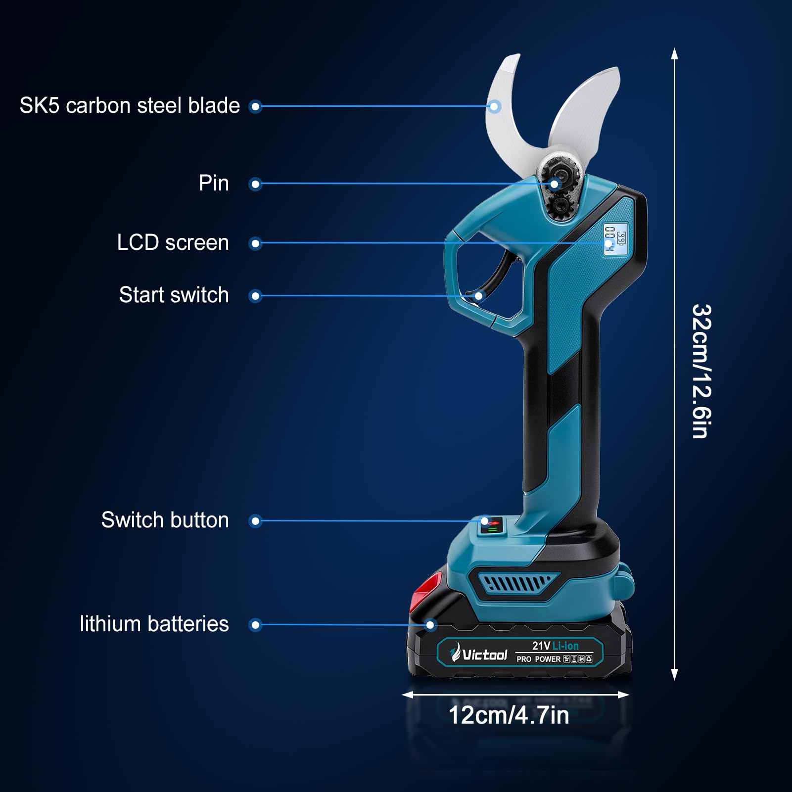 Batería Astschere de 40 mm, Tijeras de Podar Eléctricas con 21 V 2 baterías 2000 mAh, Cuchillas SK5, Pantalla LED, Tijeras de Podar Profesionales sin Escobillas para Jardinería Ramas Arbustos Troncos