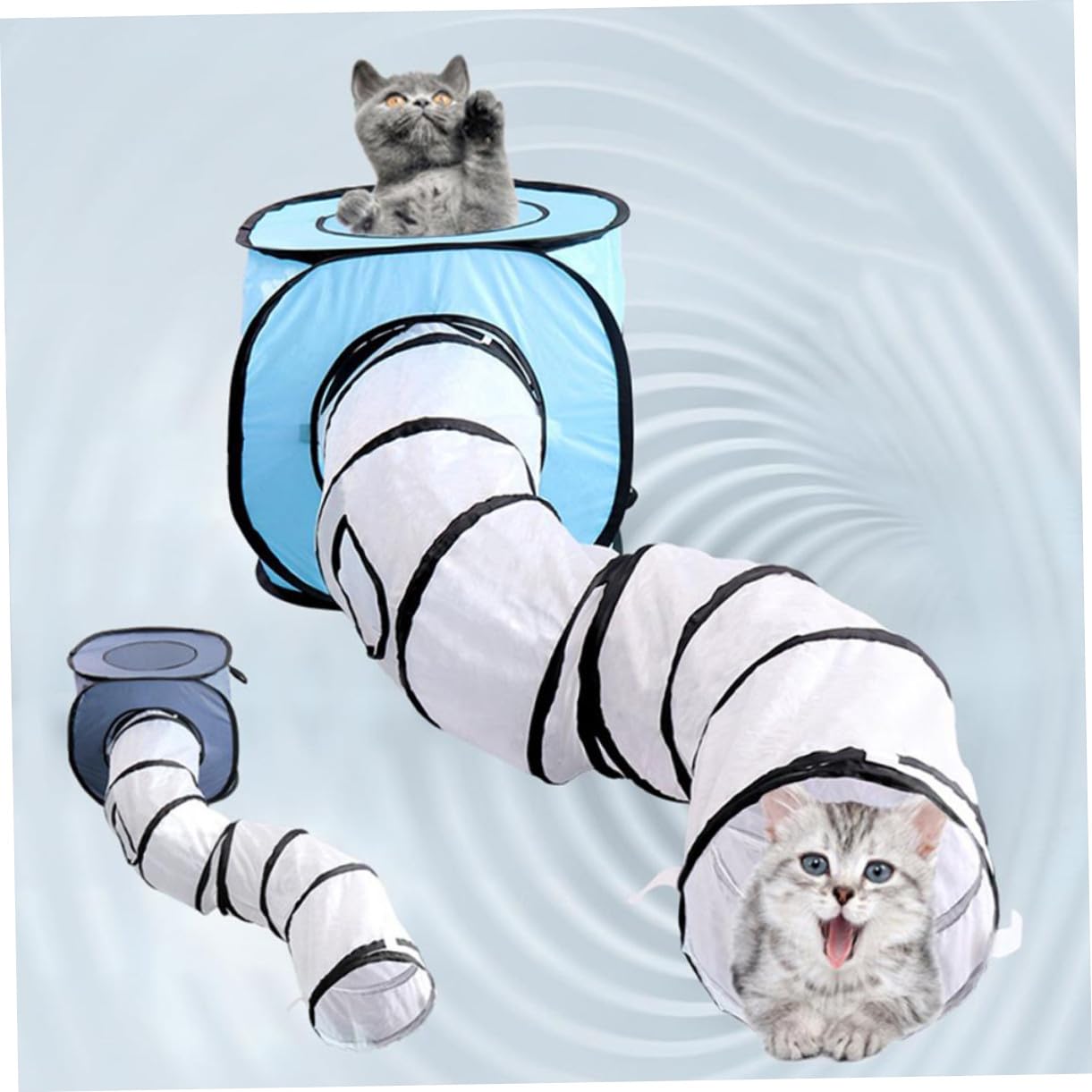 POPETPOP Tunnel Jouet Interactif Pliable de S Bleu pour Chats, Tissu Léger, Taille S, Jeu Intérieur, Adapté aux Chats Domestiques et Petits Félins