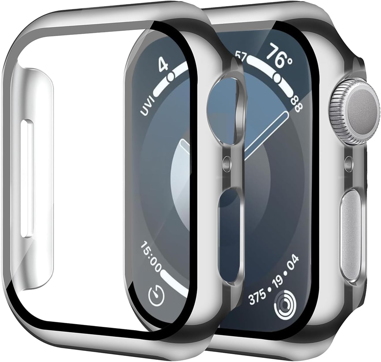 Smiling 2 Pack Case Compatible with Apple Watch Series 9/8/7 45mm with Tempered Glass Screen Protector, Hard PC Case Overall Protective Cover- 1 Silver + 1 Transparent
