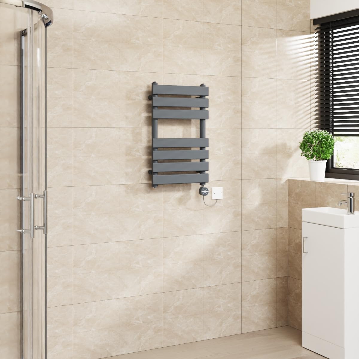 Warmehaus Flat Panel Electric Heated Towel Rail Touch Screen Timer Bathroom Radiator Prefilled Sand Grey 650x400mm 400W