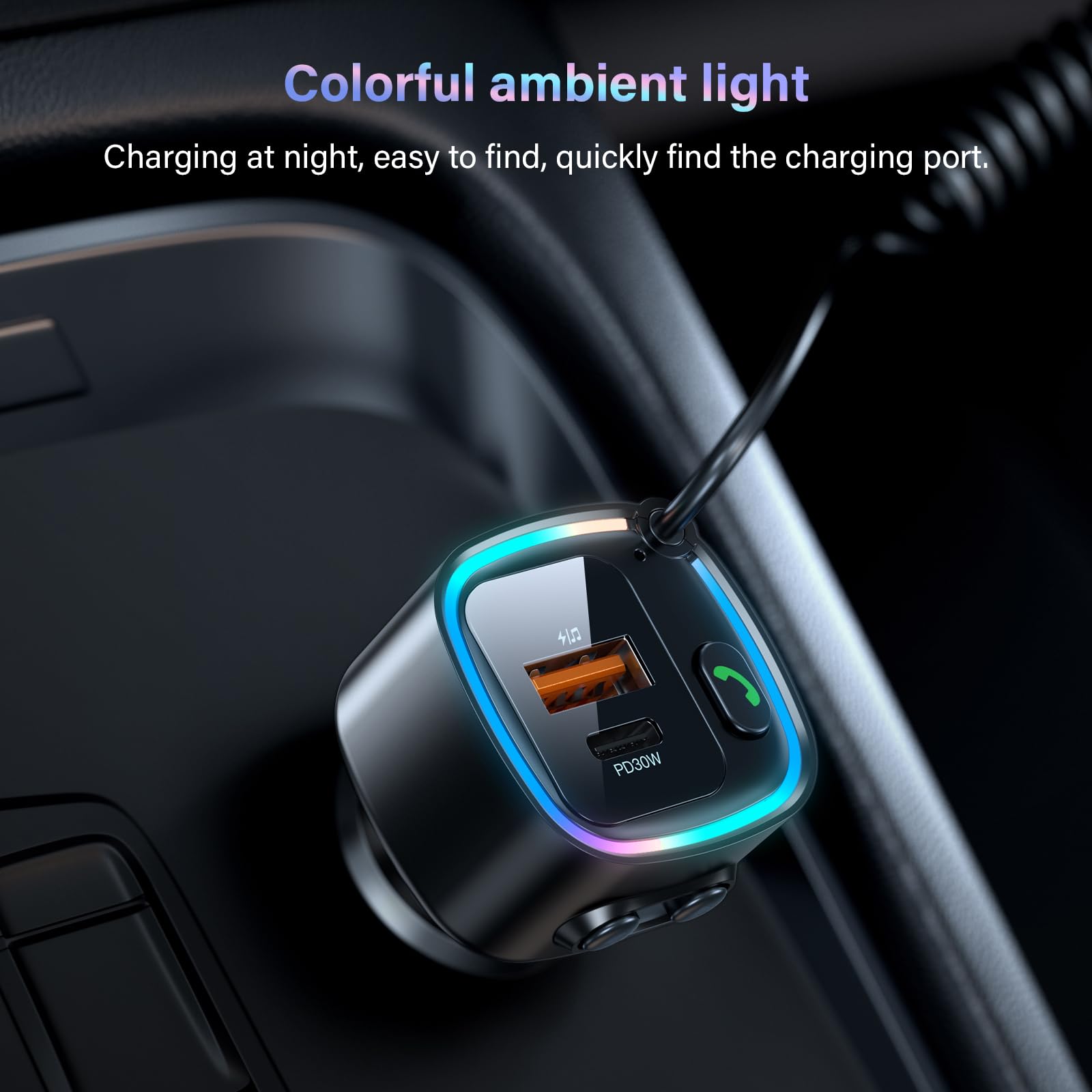 Aux Bluetooth 5.4 Auto Ricevitore Bluetooth per Auto con Jack AUX da 3,5 mm Ricarica Rapida 42W (PD 30W & QC 12W) Supporta Chiamate in Vivavoce Musica Hi-Fi RGB Compatibilità U-Luce