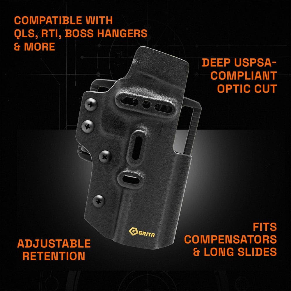 GRITR Ambidextrous OWB Kydex Competition Holster - for USPSA, IDPA, 3-Gun Matches & EDC - Pistol Accessory w/Optic Cut, Open Bottom, Adjustable Retention & Cant