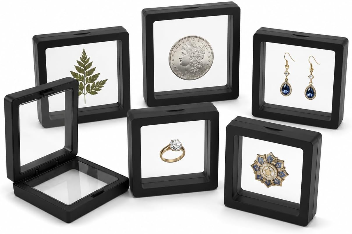 6 Pack 3D Floating Display Case, Freestanding Clear Suspension Frame and Jewelry Holder for Challenge Coins, Enamel Pins, Rocks, Rings and Plant Specimens