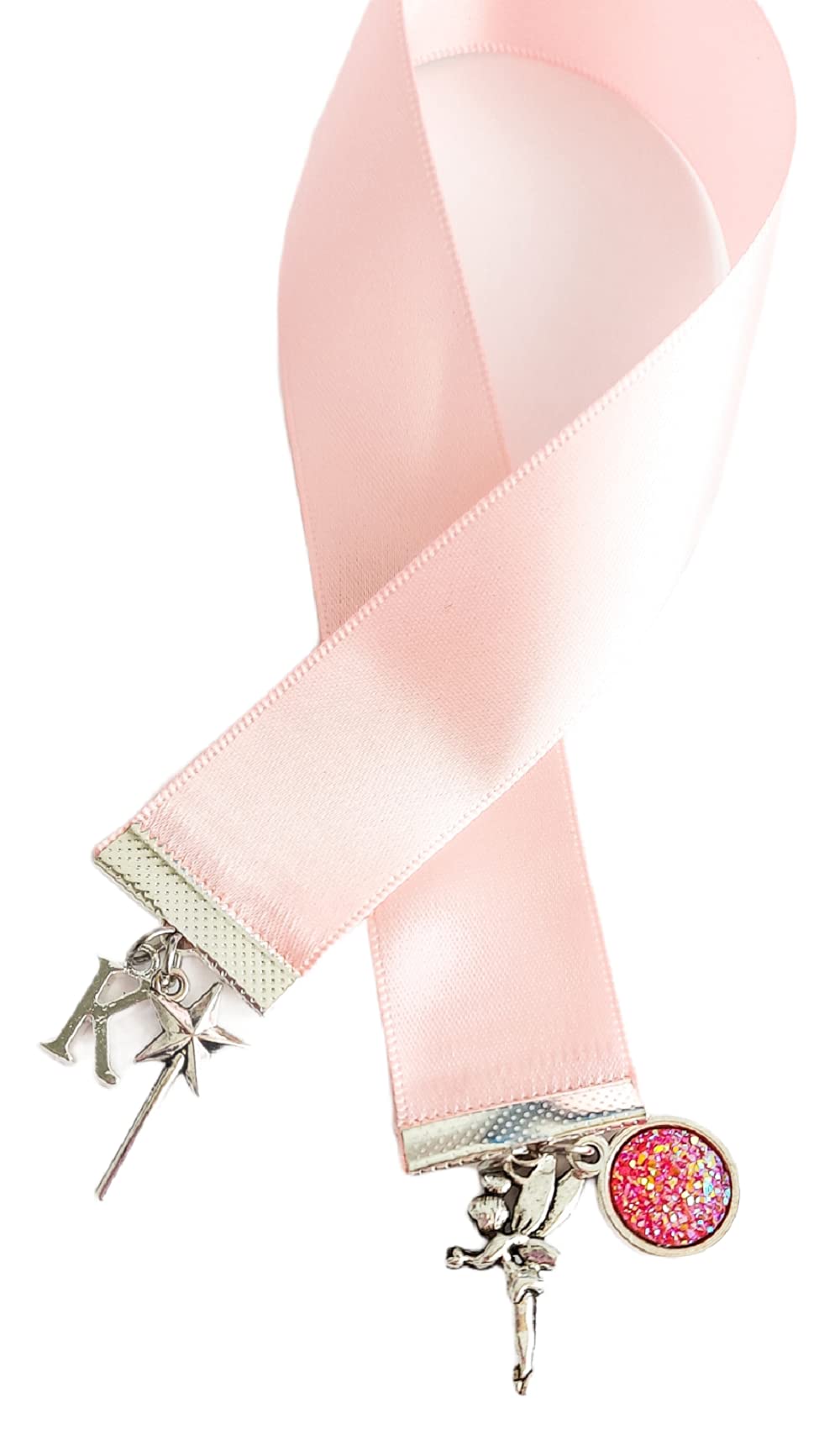 Handmade Fairy Wand Light Pink Satin Ribbon Charm Bookmark with Personalised Initial
